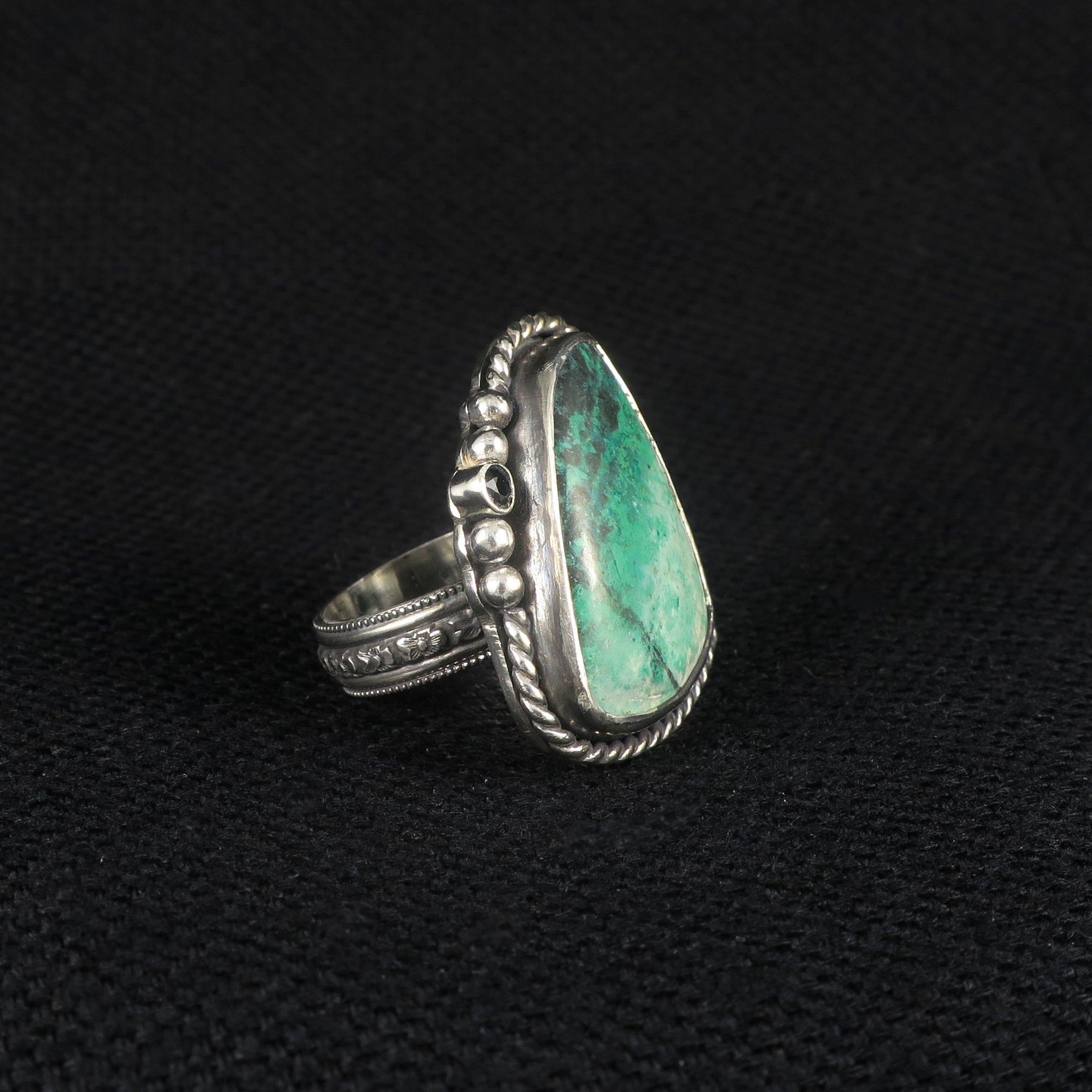 unEarthed ring with green turquoise and sapphire